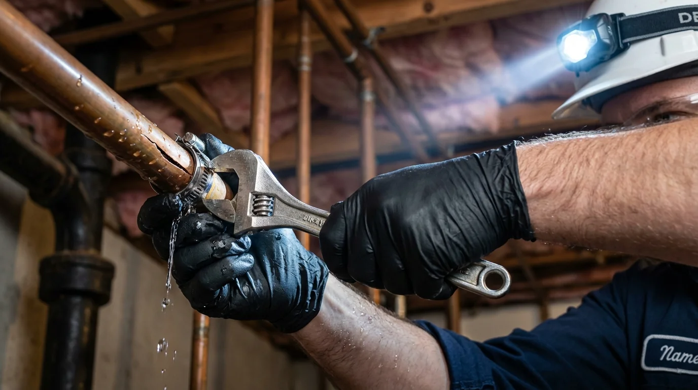 Emergency pipe clamp repair being performed by a Johns Plumbing LLC plumber in Bennington