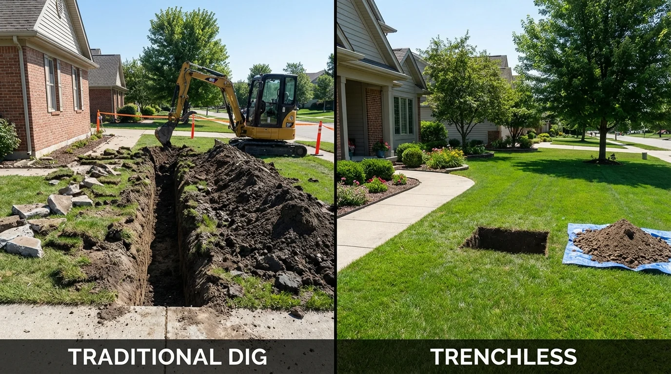 Trenchless sewer repair with minimal yard damage versus traditional excavation in Bennington, NE