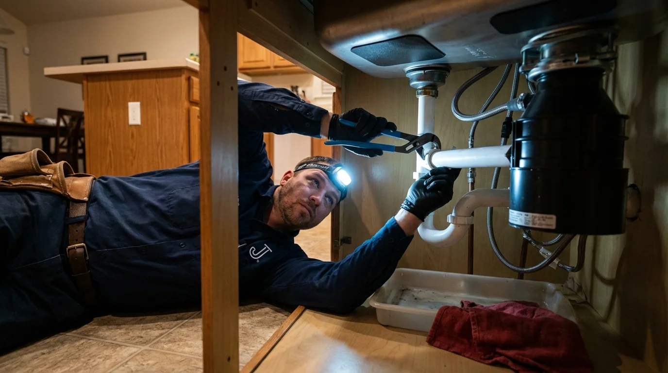 P-trap and supply line connections under a kitchen sink showing a common leak point in Bennington, NE